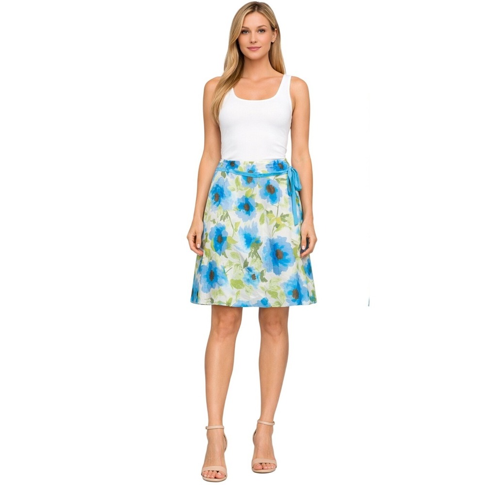Notice Vintage Floral A-Line Skirt Womens 6 Blue White Cotton Lined USA EUC